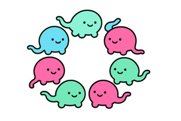 Cute cartoon creatures arranged in a circular pattern on a clean white background