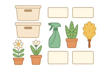Set of household organization and cleaning supplies with potted plants and blank labels
