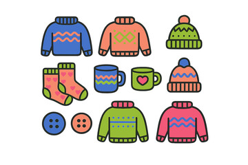 Vibrant collection of cozy winter clothing, knitwear, and hot drink accessories