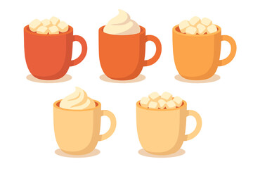 Five warm mugs filled with hot chocolate or coffee topped with marshmallows and whipped cream