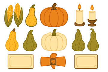 Autumn harvest elements set including pumpkins gourds corn candles and blank labels for seasonal design