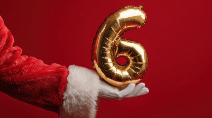 Santa claus hand holding a golden number 6 balloon for the twelve days of christmas
