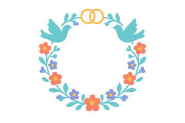 Colorful wedding wreath with doves, floral elements, and interlocking golden rings