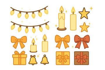Festive holiday elements collection with glowing string lights burning candles decorative bows and gift boxes