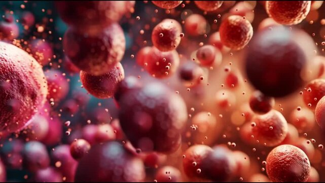 Basophil. White blood cell. Hematology. Medical science health. Colorful microscopic view of basophils and other blood cells.