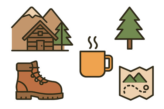 Set of outdoor adventure and camping symbols featuring a cabin, mountains, hiking boot, mug, and map