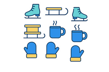 Winter sports equipment and cozy items set including ice skates sleds hot drinks and mittens