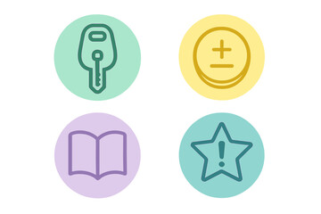 Essential user interface icons set featuring key, exposure, book, and alert star symbols