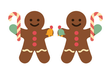 Smiling gingerbread cookies holding candy canes and bells for Christmas holiday celebration
