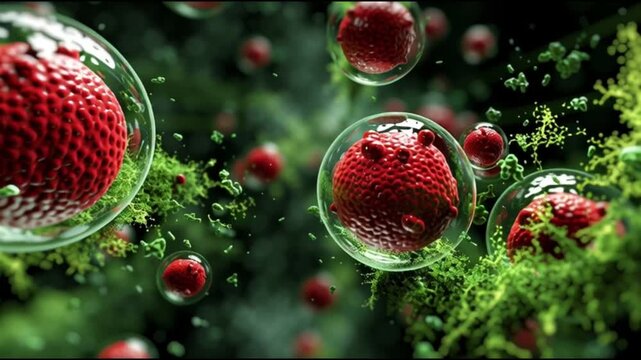 Basophil. White blood cell. Hematology. Medical science health. Microscopic view of red blood cells in a green environment.