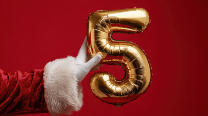 Santa claus hand holding a golden number 5 balloon for the twelve days of christmas