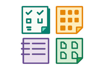 Colorful document icons representing file types, data organization, and content management systems