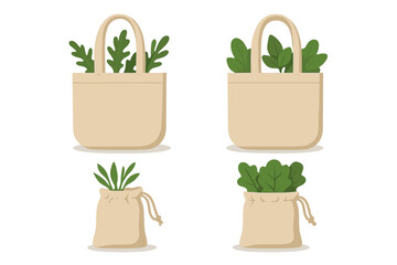 Sustainable canvas tote bags and drawstring pouches with fresh green produce for zero-waste shopping