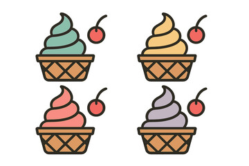 Four colorful soft serve ice cream desserts in waffle cups topped with cherries