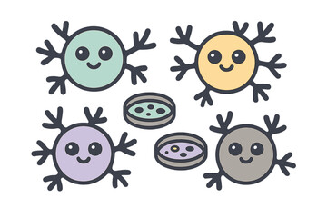 Happy cartoon microbes or neurons with petri dishes representing microbiology research
