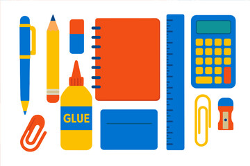 Brightly colored collection of essential school and office supplies arranged on a white background