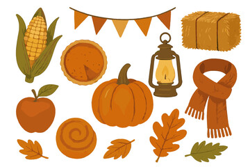 Cozy Autumn Harvest Elements Collection with Pumpkin Pie Corn and Fall Leaves