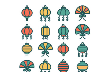 Seamless repeating pattern featuring traditional Asian lanterns and folding fans