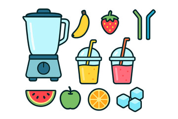 Colorful icons set featuring a kitchen blender, fresh fruits, ice, and prepared smoothies