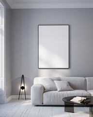 Modern Living Room Poster Frame Mockup with Natural Light and Minimalist Decoration. 3D render.