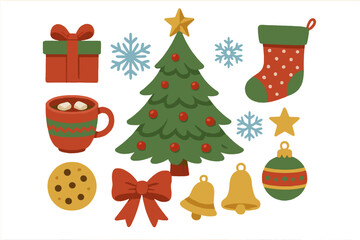 Festive winter holiday collection featuring Christmas tree, wrapped gift box, stocking, hot chocolate, cookie, bells, and snowflakes
