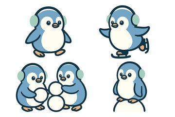 Adorable cartoon baby penguins wearing earmuffs engaging in various winter activities