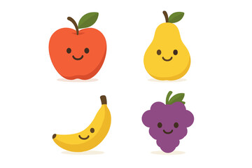Set of cute cartoon fruit characters including apple, pear, banana, and grapes smiling