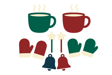 Cozy winter holiday elements set featuring steaming mugs mittens bells and star wands
