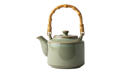 Asian-style ceramic teapot with bamboo handle, olive green glaze, against black background