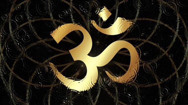 Animation of OM symbol gold circles lotus mandala. Representation of spirituality, meditation and inner peace. Spirituality golden symbol. Video loop, rain ripple effect background