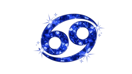 Sparkling blue gem-like Cancer zodiac symbol with star-like glitter against a black backdrop