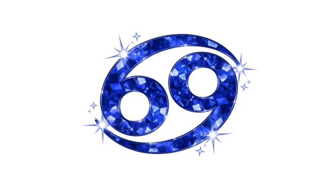 Sparkling blue gem-like Cancer zodiac symbol with star-like glitter against a black backdrop