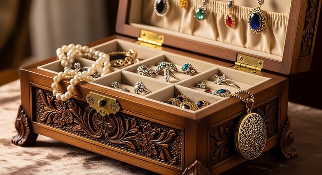 Ornate wooden jewelry box holds precious rings, necklaces and bracelets.