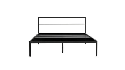 Black metal bed frame, minimal design, front view, on a black background, simple