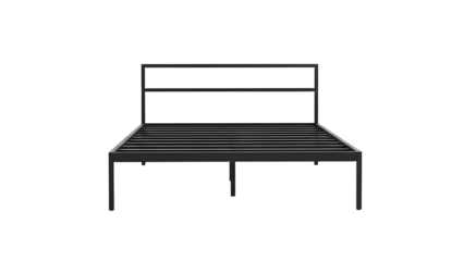Black metal bed frame, minimal design, front view, on a black background, simple