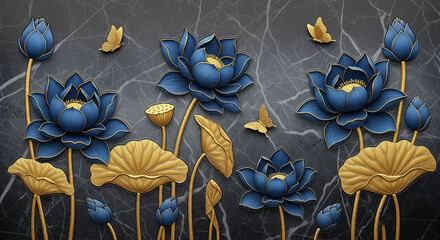 Luxurious Marble Background with 3D Sculpted Flowers, 3D Floral Wallpaper, 3D Wall Mural, 3D Floral Background.	
