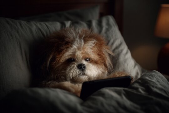 Delighted canine holds smartphone in midnight room. Dog holding. Managing and analyzing huge data with modern tools. Smartphone pup. Big data analytics. - Powered by Adobe