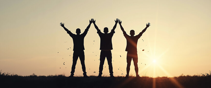 Three people celebrating with raised hands at sunset outdoors   - Powered by Adobe