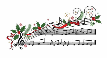 Christmas themed music sheet with holly leaves and red ribbon decoration on a white background design