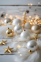 Fototapeta premium White and Gold Luxury Christmas Flat Lay background. Ideal for premium holiday designs, banners, ads, posters, and branding.