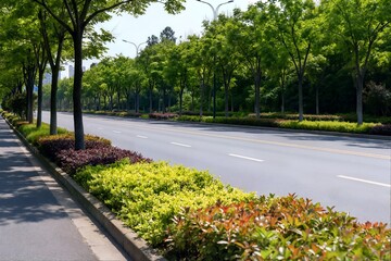 A wide, sunlit urban boulevard with a clean, empty road surface and meticulously maintained colorful roadside shrubs and a dense line of shade trees, suggesting a pleasant commute.