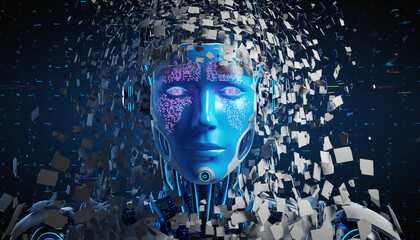Future Humanoid Emergence: This striking image unveils a futuristic humanoid robot, its form dissolving into fragments to show concept of technology's evolution.