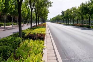 A wide perspective shot of a sunny suburban road bordered by a broad, clean pavement and brightly colored, lush plantings, creating an inviting and well-maintained public space.