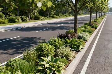A detailed, low-angle shot of a meticulously maintained roadside median featuring diverse lush green and variegated plants under sunlight. This image highlights urban landscaping and growth. © zou