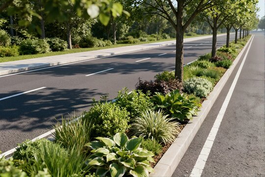 A detailed, low-angle shot of a meticulously maintained roadside median featuring diverse lush green and variegated plants under sunlight. This image highlights urban landscaping and growth.