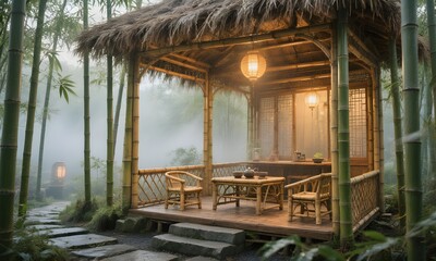 Obraz premium Serene Tea House in Bamboo Forest