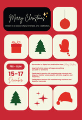 Festive Merry Christmas card featuring cute winter gloves, Christmas tree, wrapped holiday gifts and hanging ornaments. The design includes multiple Christmas greetings and a warm winter mood