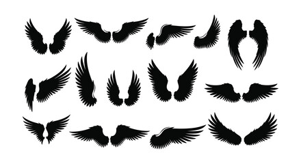 A collection of diverse black wing shapes and designs in a single image