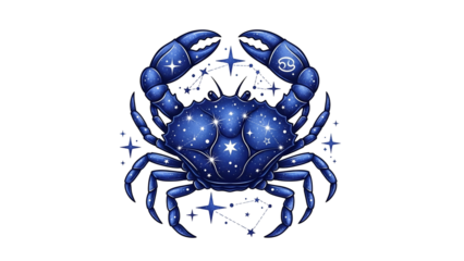A celestial blue crab, zodiac sign Cancer, with starry body and constellation accents