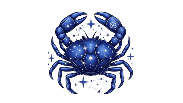A celestial blue crab, zodiac sign Cancer, with starry body and constellation accents - Powered by Adobe